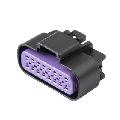 Black and purple 16-way GT 150 female connector housing for automotive wiring systems.