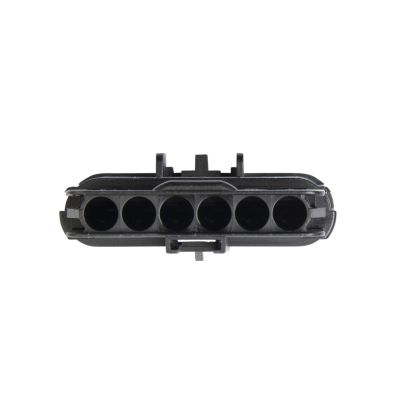 Close-up of GT 280 male housing connector with 6-way and 8-way slots, featuring a sleek black design.