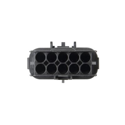 GT 280 male housing connector with 12 circular ports, black design, top view showcasing precise engineering and compact structure.