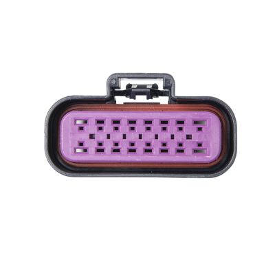 Front view of GT 150/280 Mixed Series Male Housing connector in black and purple with 14 slots.