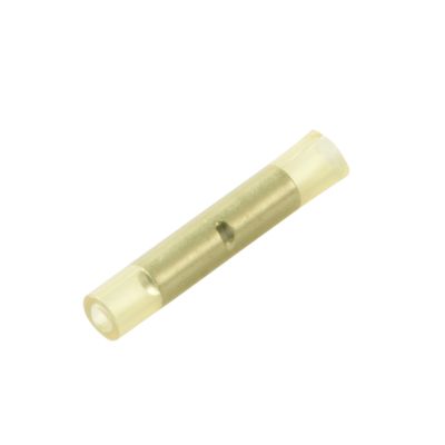 Yellow nylon butt connector with solid barrel for wire joining.