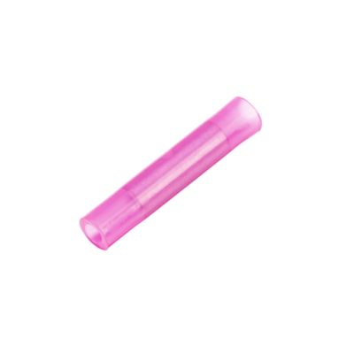 Red nylon butt connector with solid barrel for electrical wiring.