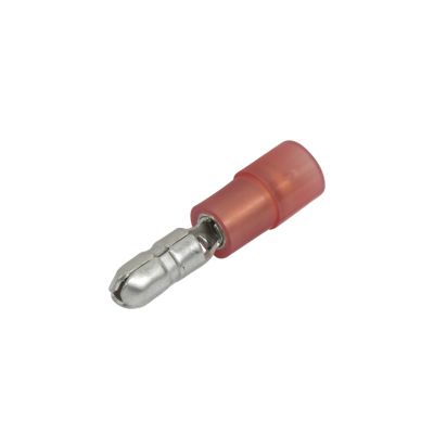 Red partially insulated male nylon bullet connector for 22-18 gauge wires, highlighting its metal tip and durable casing.