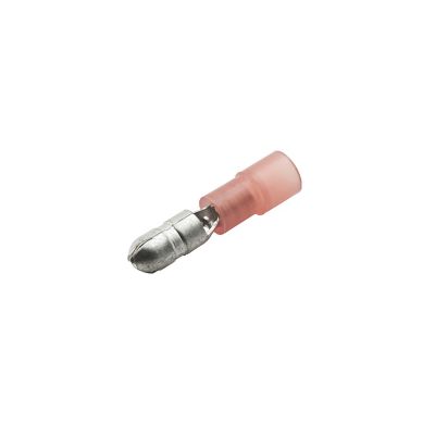 Red nylon partially insulated male bullet connector for electrical wiring.