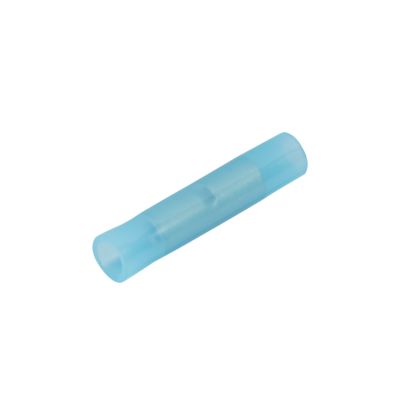 Blue nylon butt connector featuring a solid barrel design for secure electrical connections.