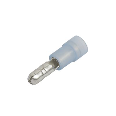 Blue nylon bullet connector, male, partially insulated, designed for 16-14 gauge wires.