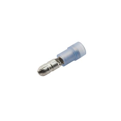 Blue nylon bullet connector, male, partially insulated, suitable for 16-14 gauge wiring, showcasing its design and build.
