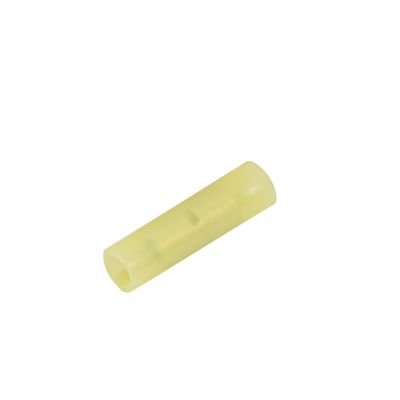Yellow nylon butt connector with solid barrel for electrical wiring, compatible with 12-10 gauge wires.