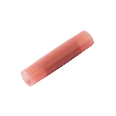 Red nylon butt connector with solid barrel design for 8 gauge wire connections.