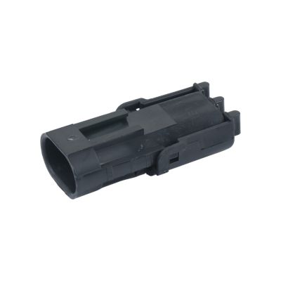 Black Aptiv Weather-Pack 2-Way Connector, male shroud housing, isolated on white background.
