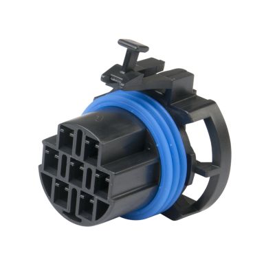 Black 7-way Metri-Pack 280 connector with a blue seal and female housing, featuring a robust rectangular design.