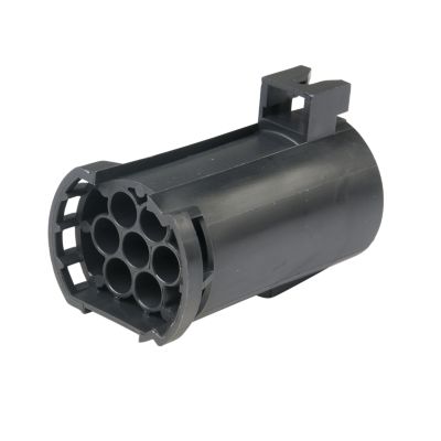 Black Aptiv Delphi 7-way Metri-Pack 280 male connector housing, showcasing its multiple connection ports and durable design.