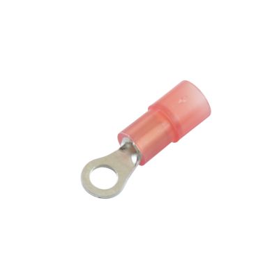Red nylon ring terminal with a 4 stud connection for 22-18 gauge wiring, featuring a compact and durable design.