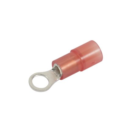 Red nylon ring terminal with a 6 stud hole, ideal for 22-18 gauge wiring connections.