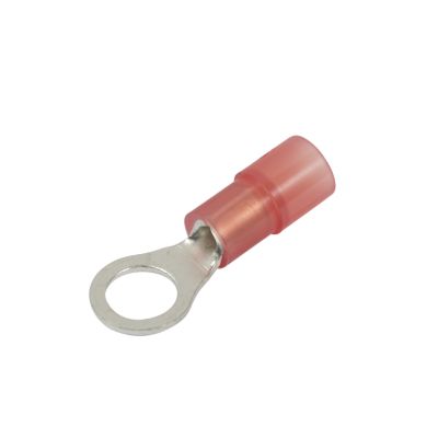 Red nylon ring terminal with metal loop and insulated body, suitable for various electrical wiring applications.