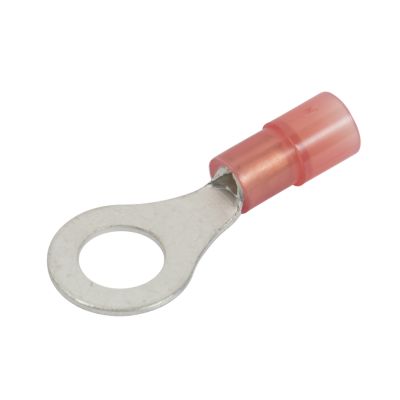 Red nylon ring terminal with a metal end and a circular opening, suitable for electrical connections in 22-18 gauge wires.