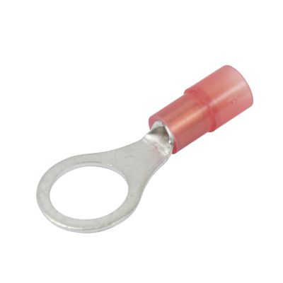 Red nylon ring terminal with a metal loop connector, suitable for electrical wiring.