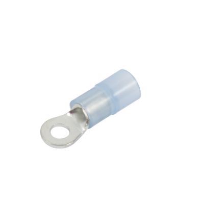 Blue nylon ring terminal with a metallic loop and insulated sleeve, designed for 16-14 gauge wires.
