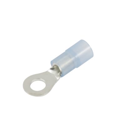 Blue nylon ring terminal for 8 stud connections, suitable for 16-14 gauge wire, isolated on a white background.