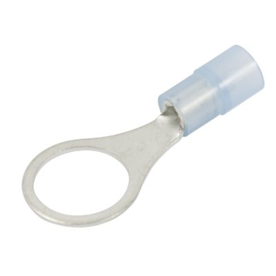 Blue nylon ring terminal with a metal loop and insulated barrel for secure electrical connections.