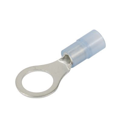 Blue nylon ring terminal for electrical connections.