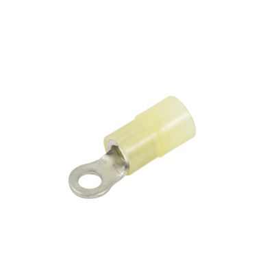 Yellow nylon ring terminal with metal loop for 6 stud connections, suitable for 12-10 gauge wire applications.