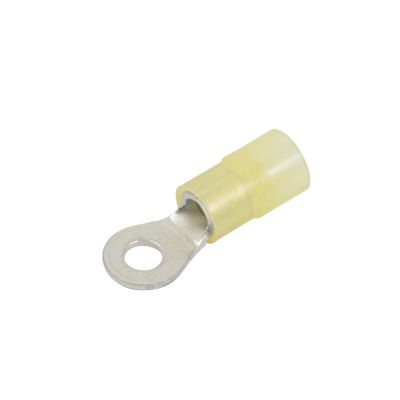 Yellow nylon ring terminal with metal connector for wires, ideal for electrical applications.