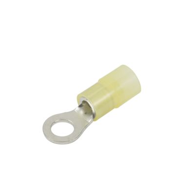 Yellow nylon ring terminal for 12-10 gauge wiring with a circular connector designed for secure electrical connections.