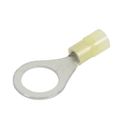 Yellow nylon ring terminal with metal eyelet and insulated connector, suitable for 12-10 gauge wires.