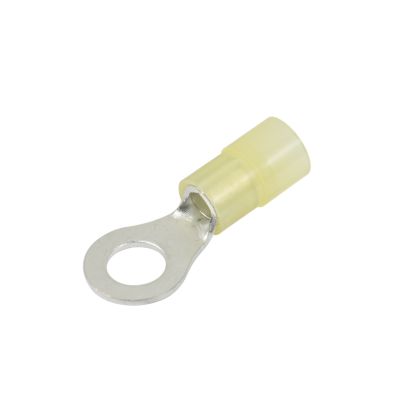 Yellow nylon ring terminal with metal loop and insulated end, designed for electrical connections on compatible wires.