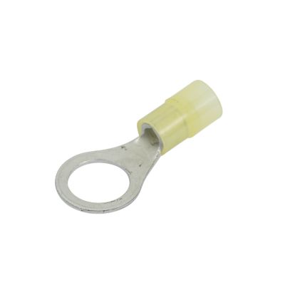 Yellow nylon ring terminal with metal loop and insulated end for electrical connections. Suitable for 12-10 gauge wires.