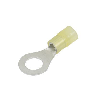 Yellow nylon ring terminal with metal loop, designed for sturdy electrical connections with a specific stud size.