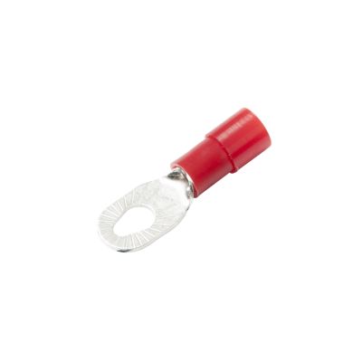 Red nylon multi-stud ring terminal with metallic loop, suitable for electrical connections.