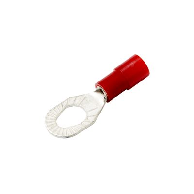 Red nylon multi-stud ring terminal for electrical connections, suitable for various gauges.