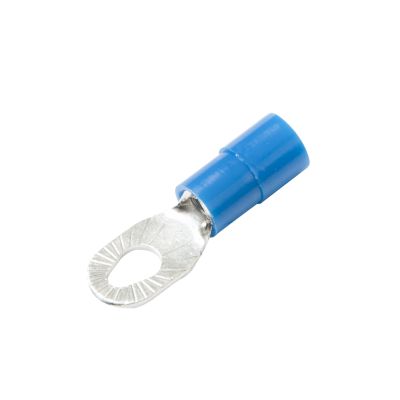 Blue nylon multi-stud ring terminal for electrical connections, featuring a durable metal loop and insulation sleeve.