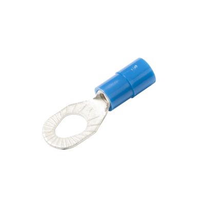Blue nylon multi-stud ring terminal for 16-14 gauge cables, featuring a durable metal ring for easy electrical connections.