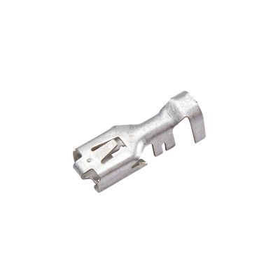 Female Metri-Pack 280 terminal by Aptiv, showcasing its metallic finish and precise engineering for electrical connections.