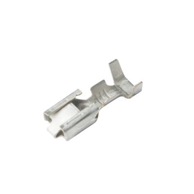 Female Metri-Pack 280 terminal by Aptiv, showcasing its metallic finish and precise engineering for electrical connections.