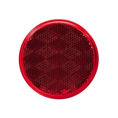 Red round stick-on reflector, side view, showcasing slim profile and adhesive backing for easy attachment.