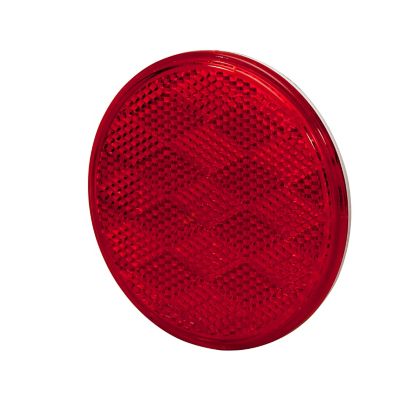 Red round stick-on reflector, side view, showcasing slim profile and adhesive backing for easy attachment.