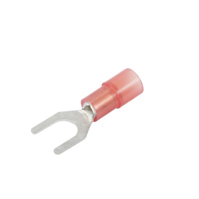 Red nylon narrow block spade terminal designed for 10 stud connections with 22-18 gauge wire compatibility.