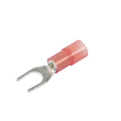 Red nylon narrow block spade terminal with metal fork, ideal for 22-18 gauge wiring applications.
