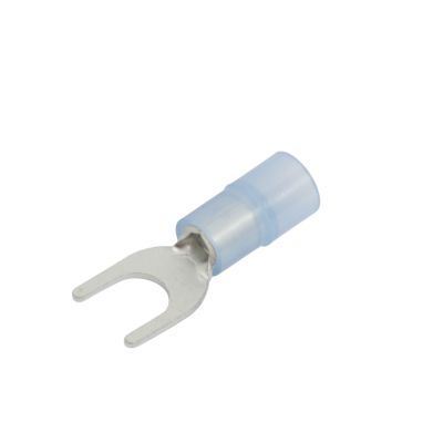Blue nylon narrow block spade terminal, ideal for 10 stud connections, suitable for 16-14 gauge wire applications.