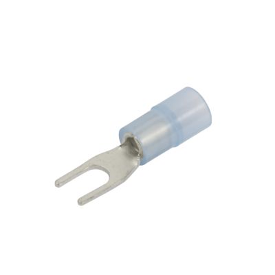 Blue nylon spade terminal with metal prongs, ideal for 6-stud connections in electrical applications.