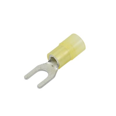 Yellow nylon narrow block spade terminal with 10 stud for 12-10 gauge wires, featuring a durable metal fork design.
