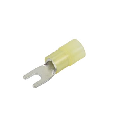 Yellow nylon narrow block spade terminal with a metal prong and insulated sleeve, suitable for electrical connections.