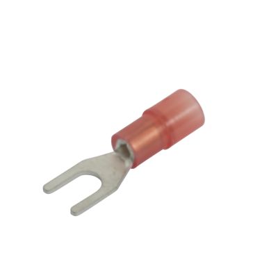 Red nylon spade terminal with metal prongs for electrical connections.