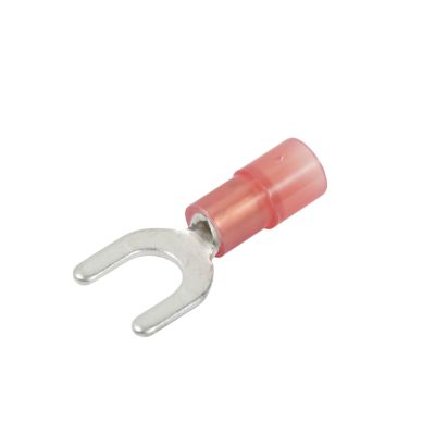 Red nylon spade terminal for secure connections, suitable for 10 stud, 22-18 gauge wires.
