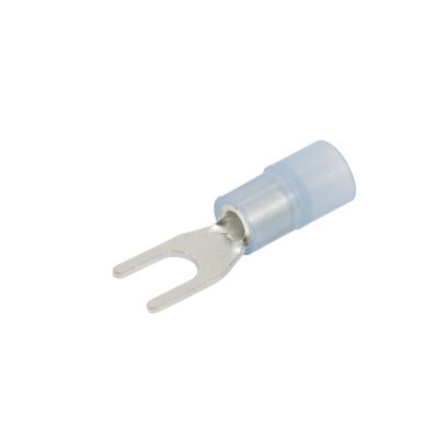 Nylon spade terminal with blue insulation and forked metal end for electrical connections.