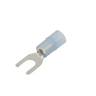 Blue nylon spade terminal, 8 stud connection, suitable for 16-14 gauge wiring.